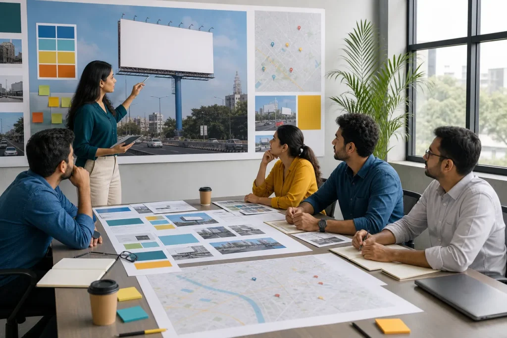 Creative team reviewing an outdoor billboard and mass-media campaign plan.