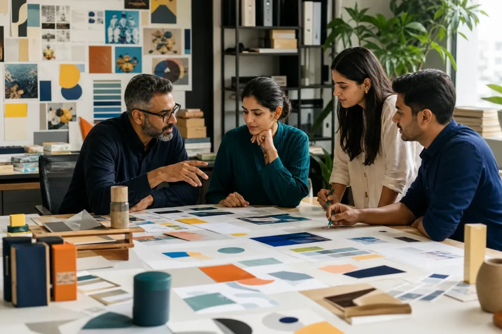 Brand team discussing identity materials, colour and positioning choices.