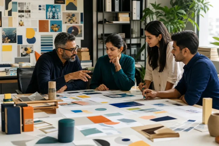 Brand team discussing identity materials, colour and positioning choices.
