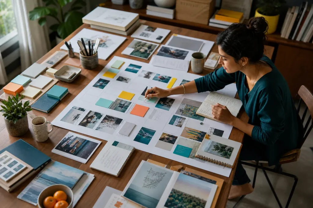 Editorial strategist organising campaign references and content planning materials.