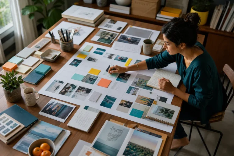 Editorial strategist organising campaign references and content planning materials.