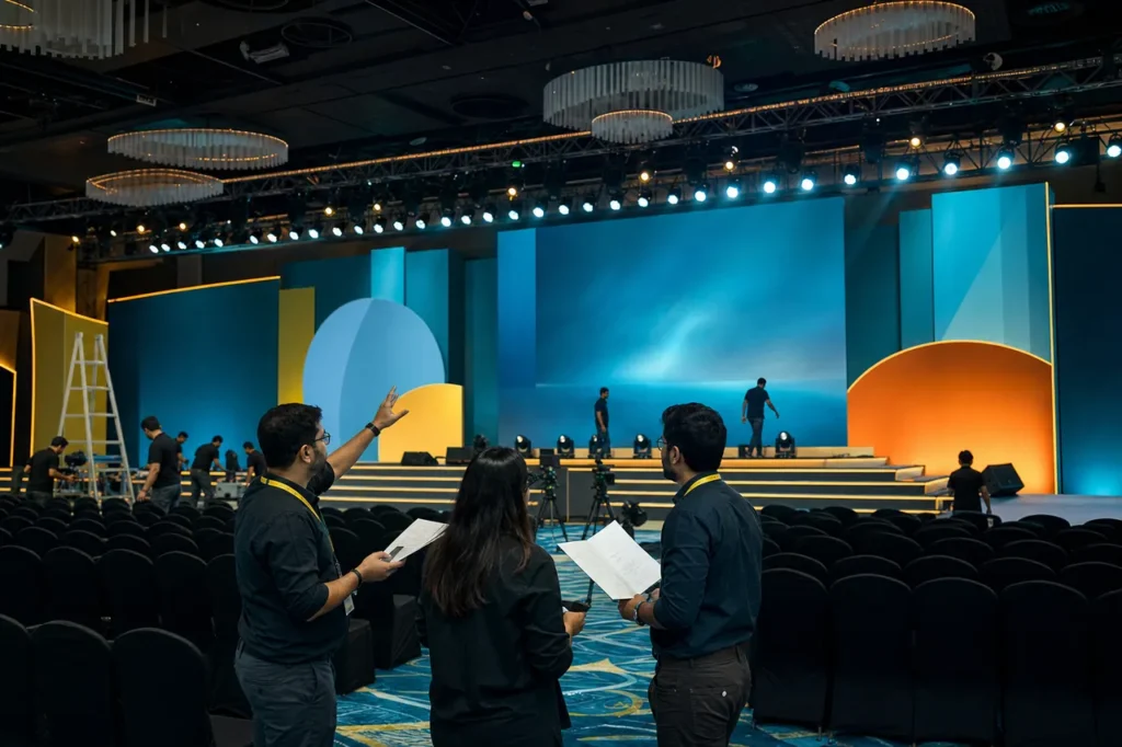 Event marketing team preparing a contemporary stage and audience experience.