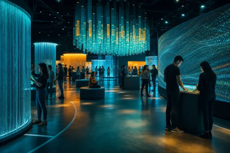 Visitors interacting with an immersive light and material installation.