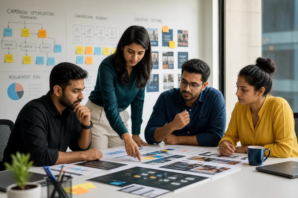 Marketing team reviewing campaign optimisation and conversion planning materials.