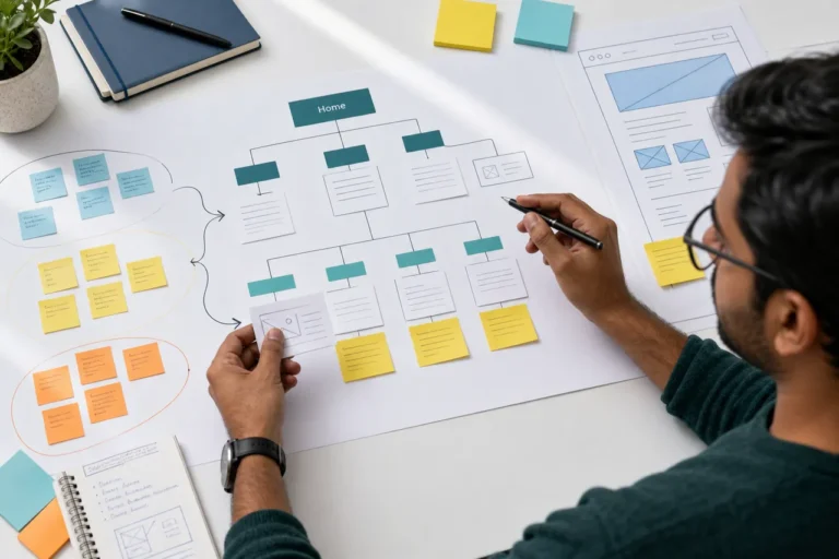 Strategist mapping website structure and organic search discovery paths.