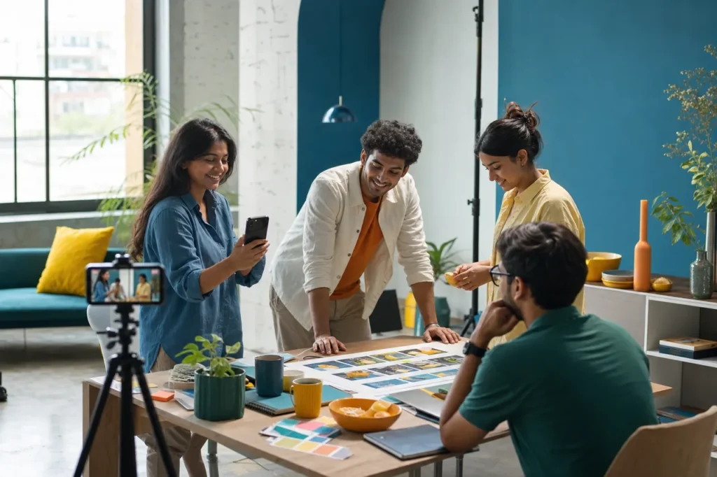 Creative team planning mobile-first social content around a studio table.