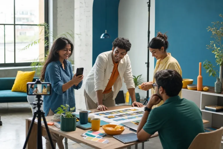 Creative team planning mobile-first social content around a studio table.