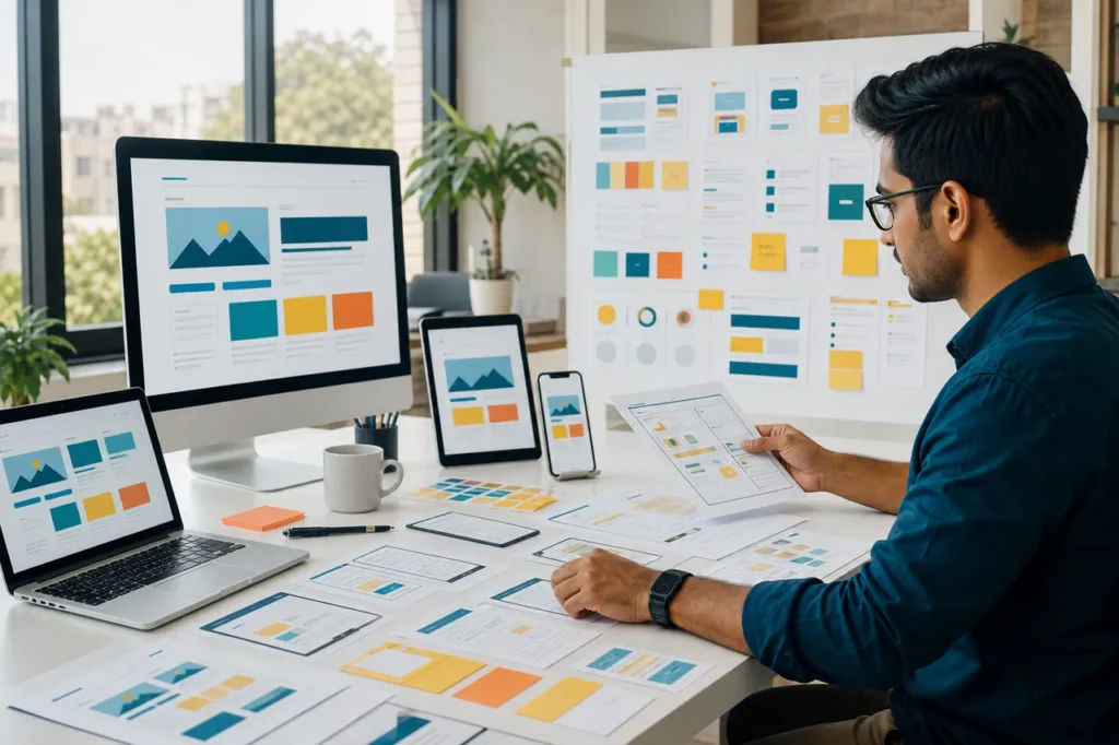 Designer planning a responsive interface across desktop, tablet and mobile screens.